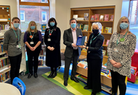 Inverclyde Council library service SLIC Award honour. From left, Inverclyde Libraries staff Craig Miller, Emma Eremin, Marian Taggart, Councillor Jim Clocherty, Alison Nolan and Gail Colbron.